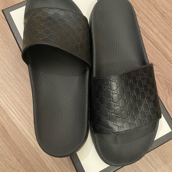 Gucci Shoes - Gucci Black Embossed GG Slide Sandals